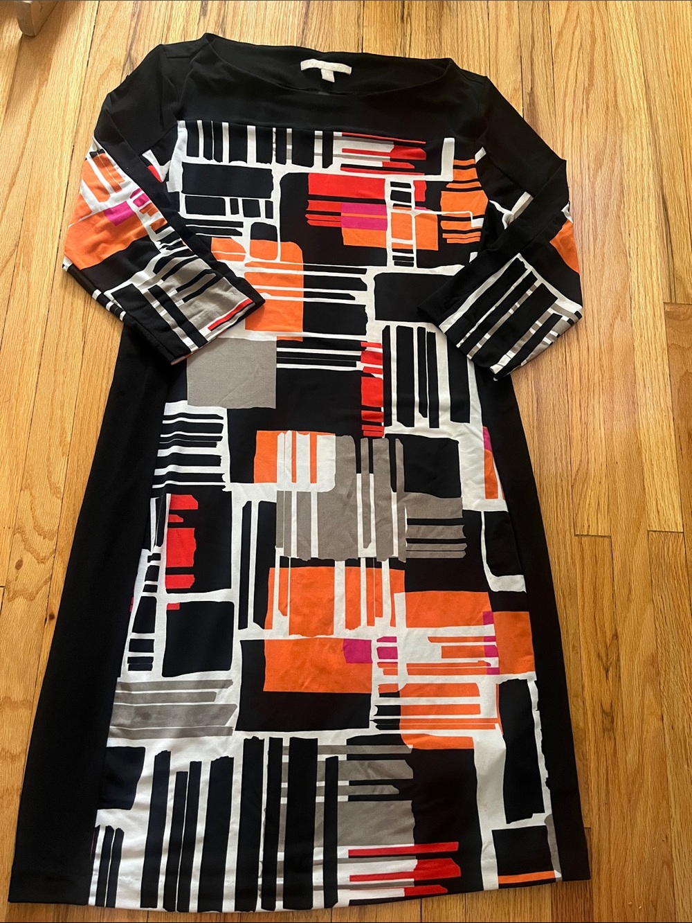Black Geometric Long-Sleeve Sheath Dress with Orange Accents